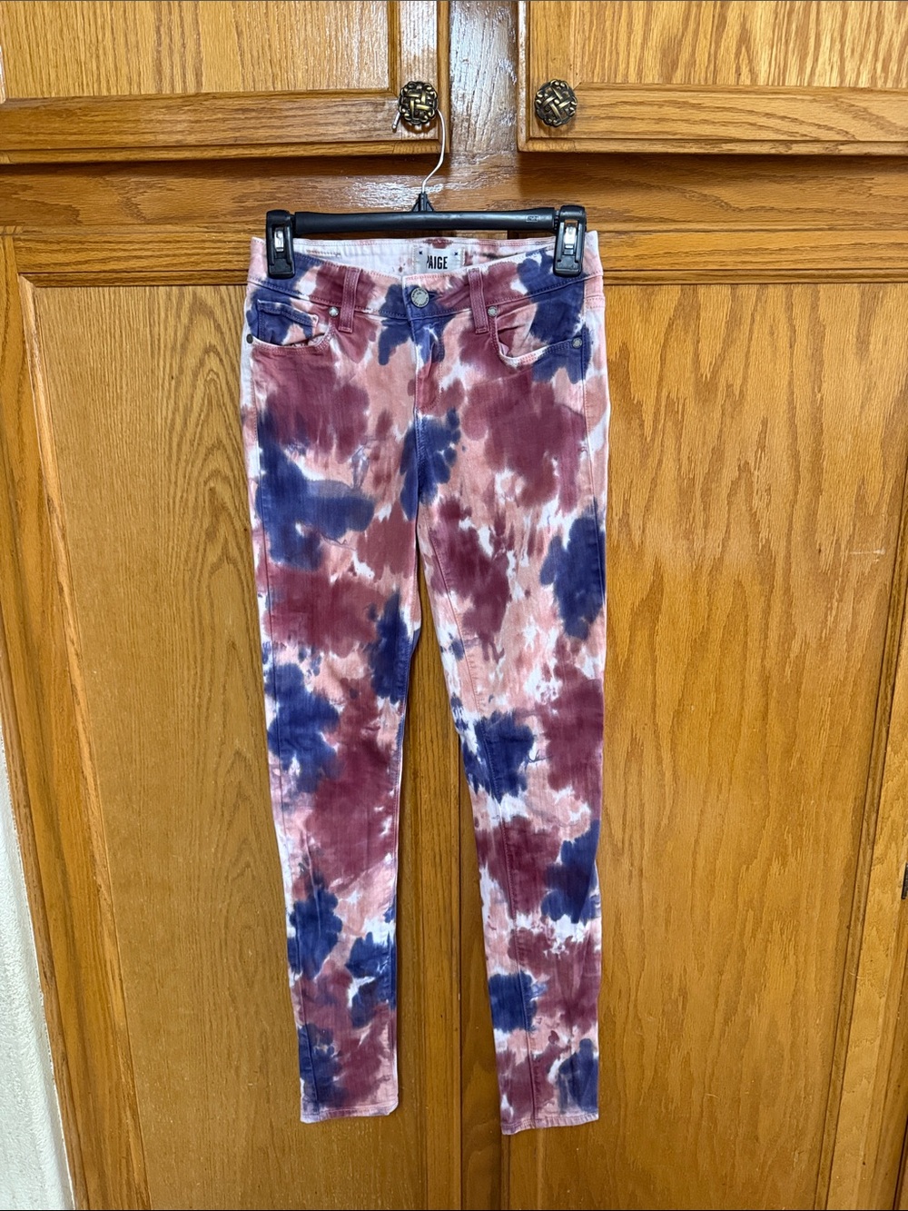 PAIGE Tie-Dye Skinny Jeans in Maroon, Navy & White